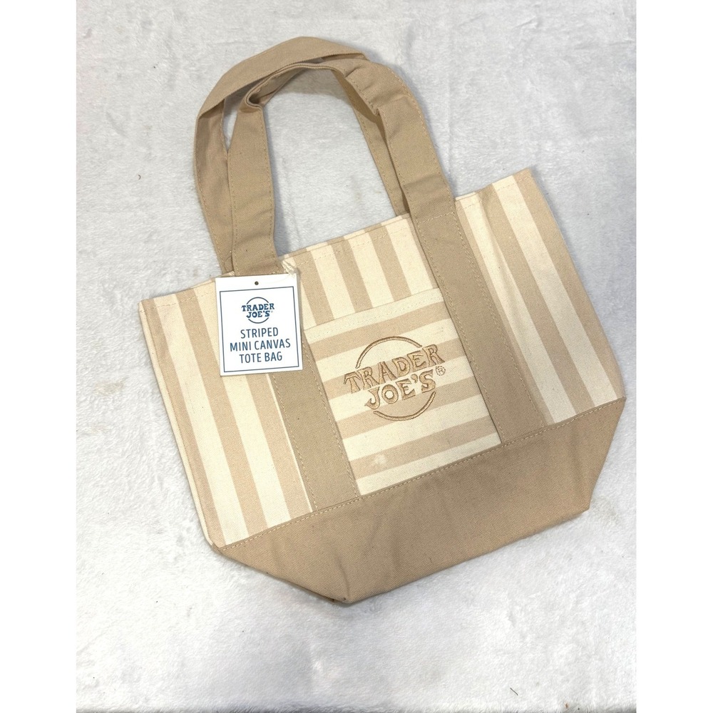 Trader Joe's Striped Mini Canvas Tote Bag Tan Cream Limited Edition NWT